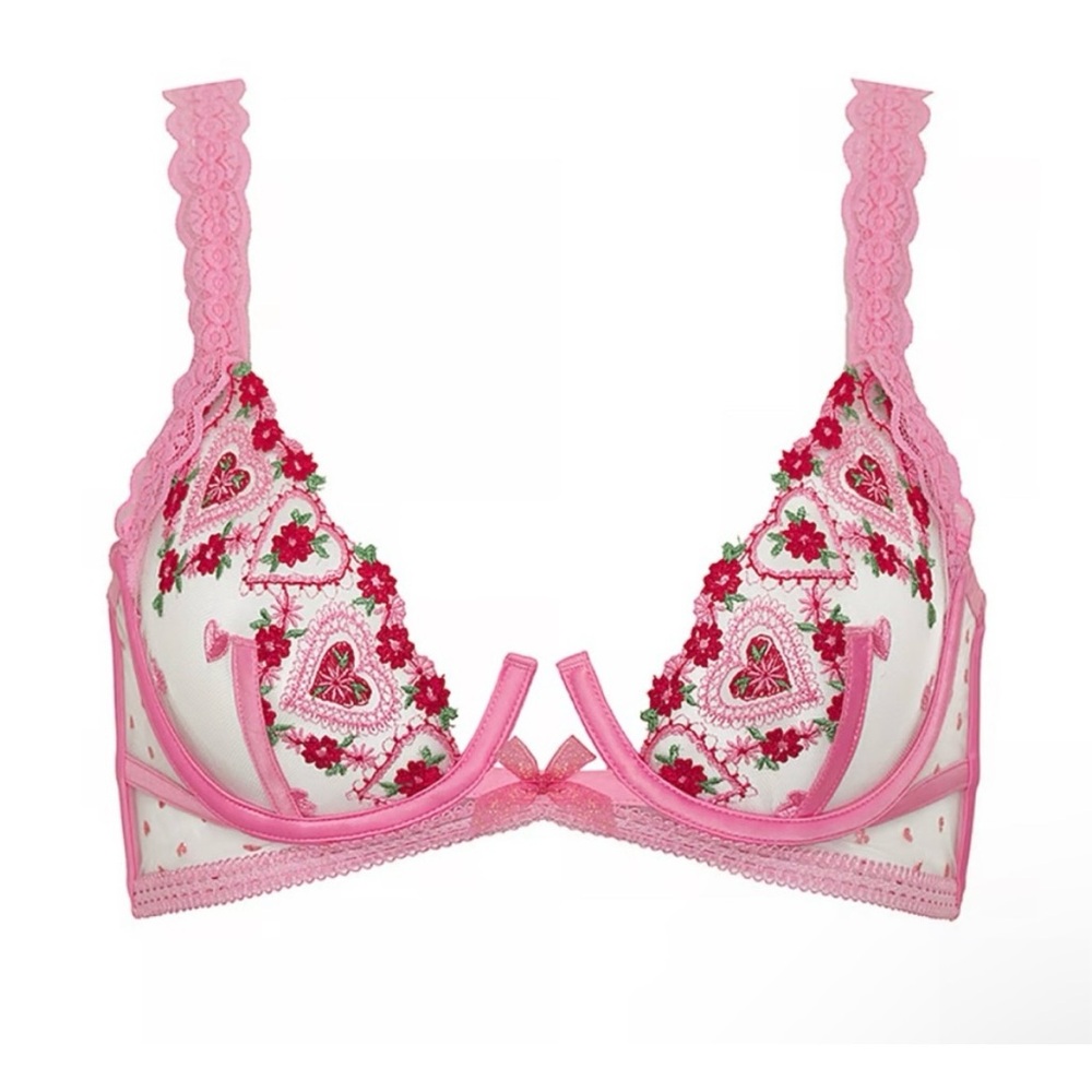 For Love & Lemons Pink and White Floral Lace Bra